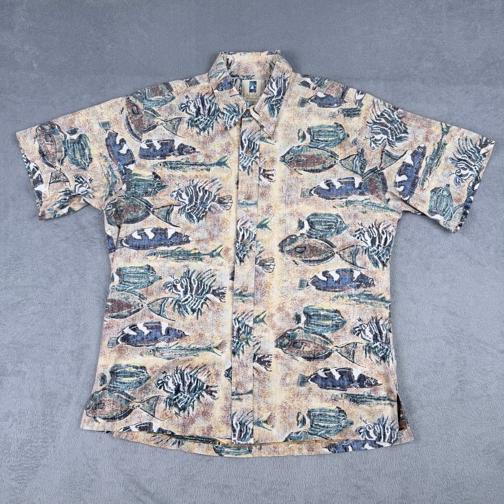 Kahala Hawaiian Islands Fish Print Cotton Button Down Shirt Mens Large L Hawaii